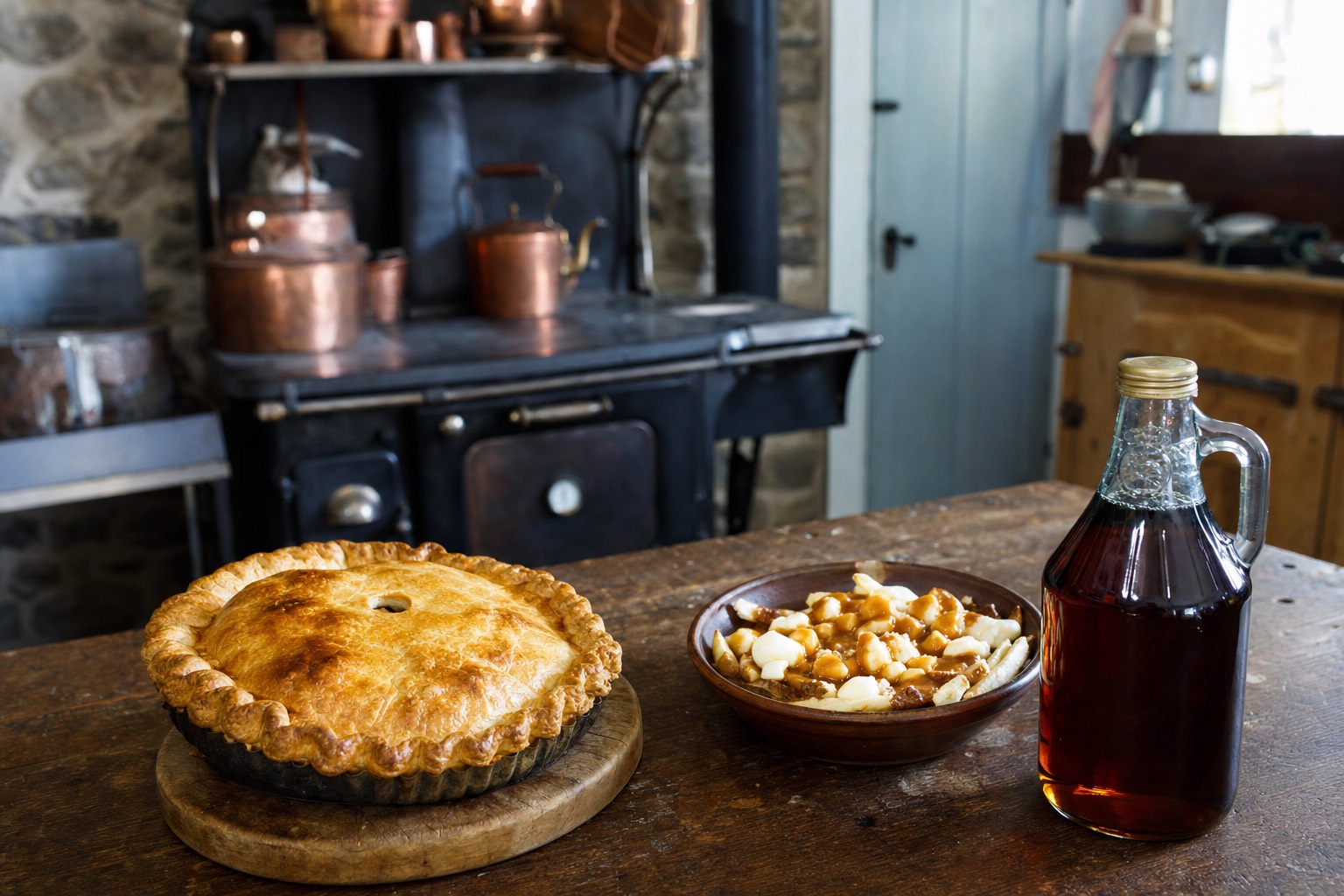 Golden tourtière meat pie, a bowl of poutine and a jug of maple syrup on a worn wooden table in a Quebec kitchen