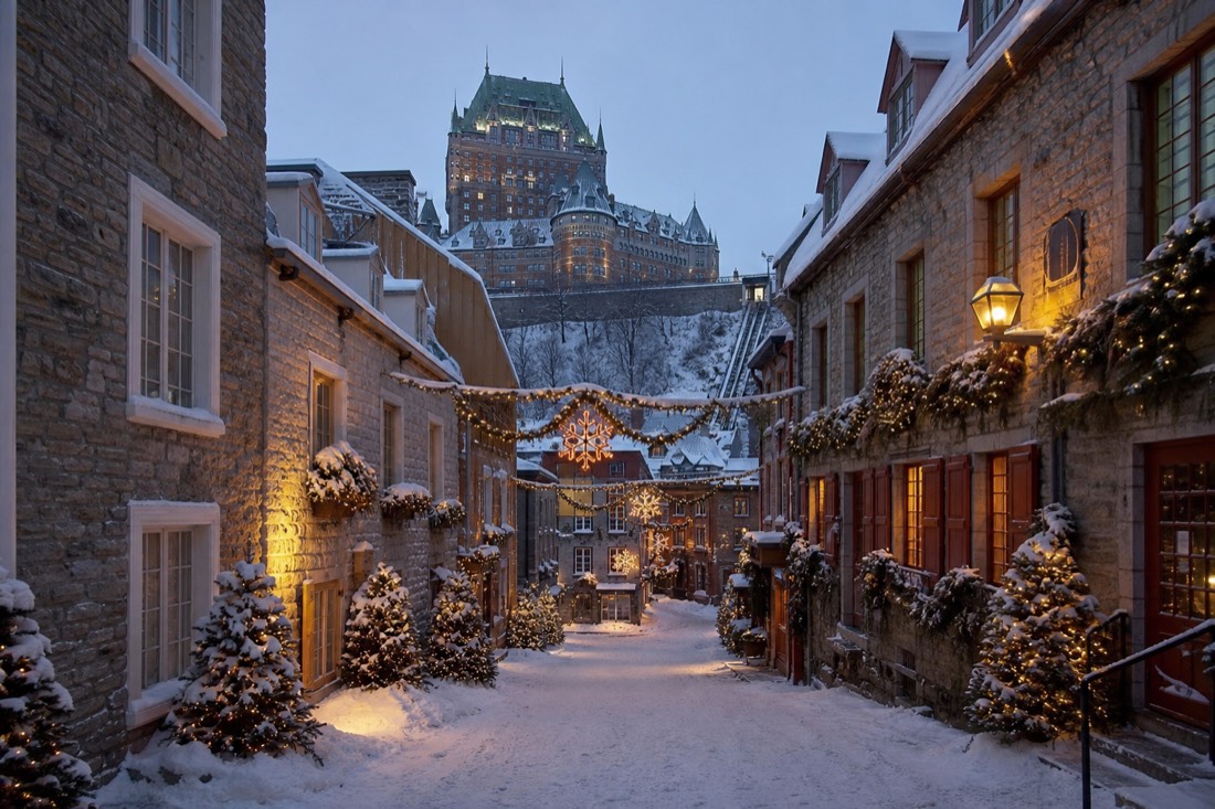 Comparison scene of snowy Old Quebec streets decorated for winter festivities at dusk