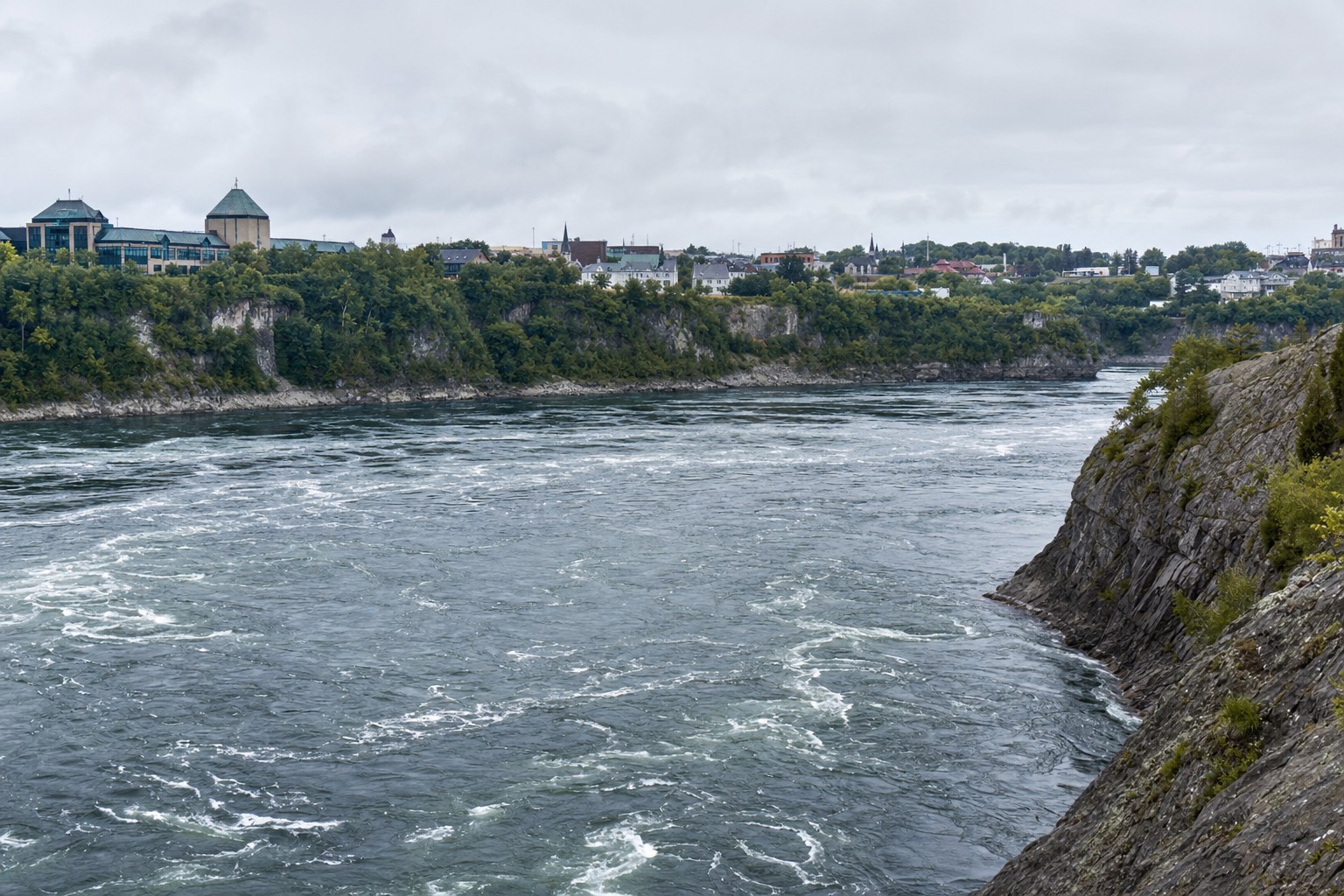 Riverside view of Wendake, the Huron-Wendat Nation community near Quebec City, with the Kabir Kouba gorge below