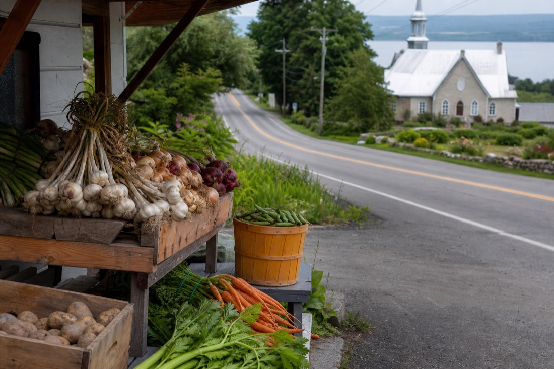 Farm stand with fresh produce along the Chemin Royal on Île d'Orléans