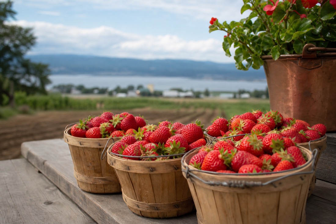 Wooden baskets of fresh strawberries on a farm stand table on Île d'Orléans in summer