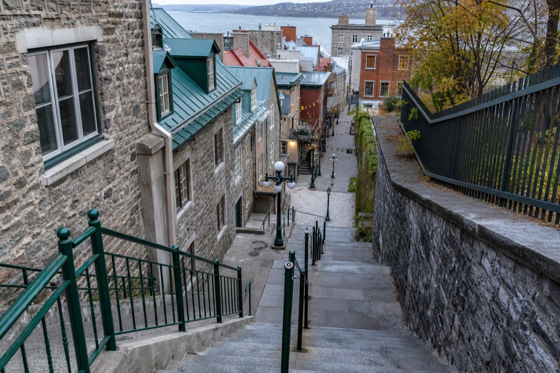 Visitors descending the Casse-Cou stairs toward the Petit Champlain district