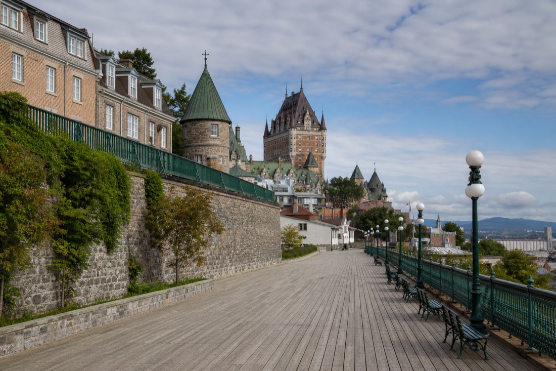 View along Dufferin Terrace boardwalk toward the Château Frontenac in Upper Town Quebec City